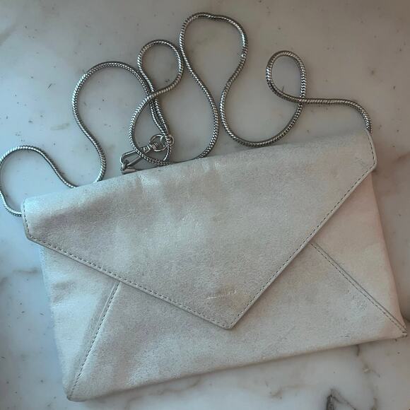 Allsaints Metallic Silver Clutch Handbag Crossbody Metal Strap Leather Logo - Picture 1 of 6